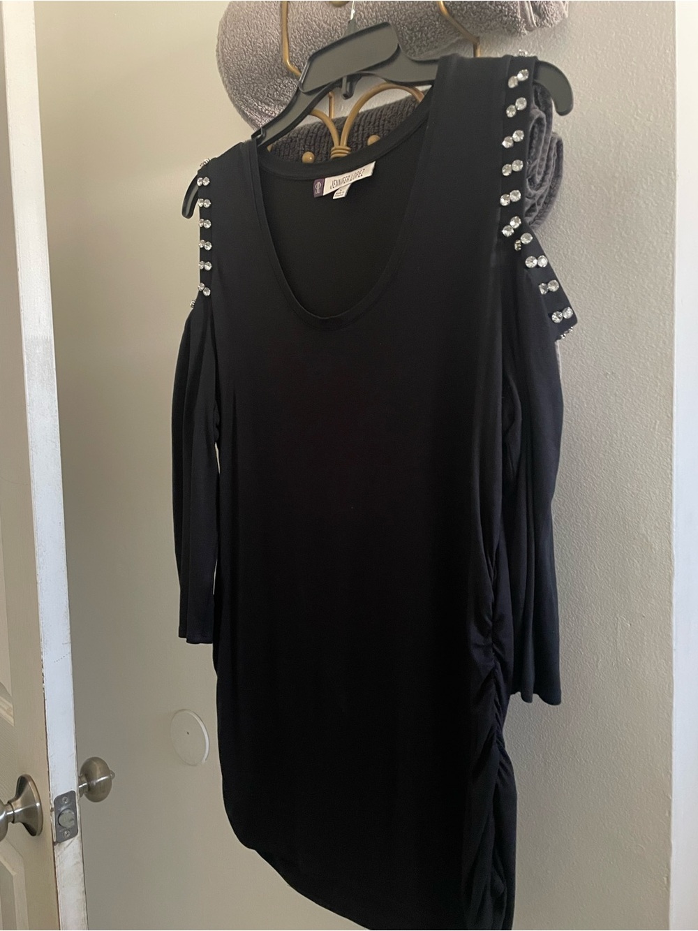 Jennifer Lopez Black Cold-Shoulder blouse with Crystal Shoulder Accents